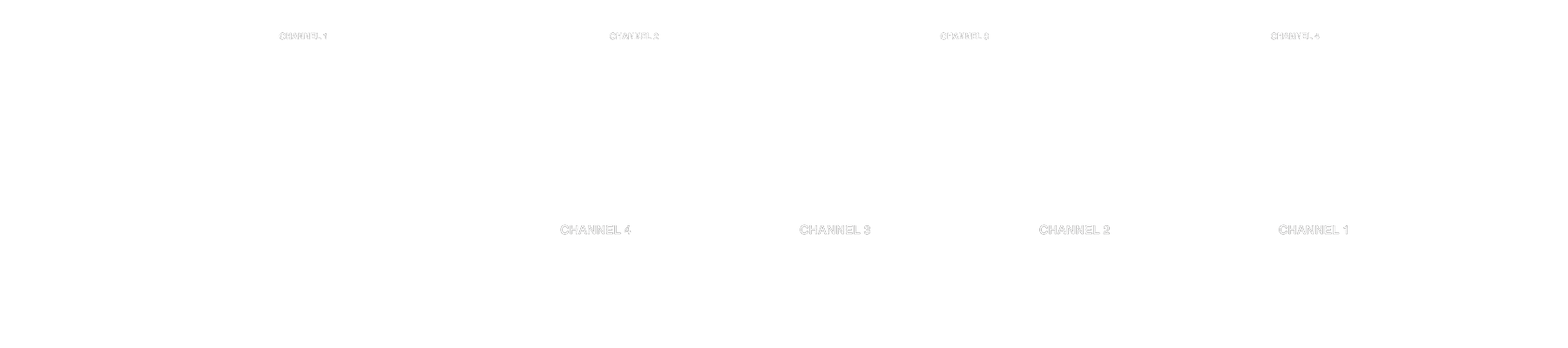 A line drawing of the front and rear panels of the DS404 showing controls and connectors